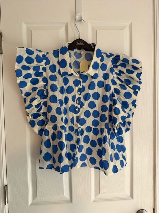 JODIFL Tops - JODIFL White Shirt with Bold Blue Polka Dots and Ruffle Sleeves